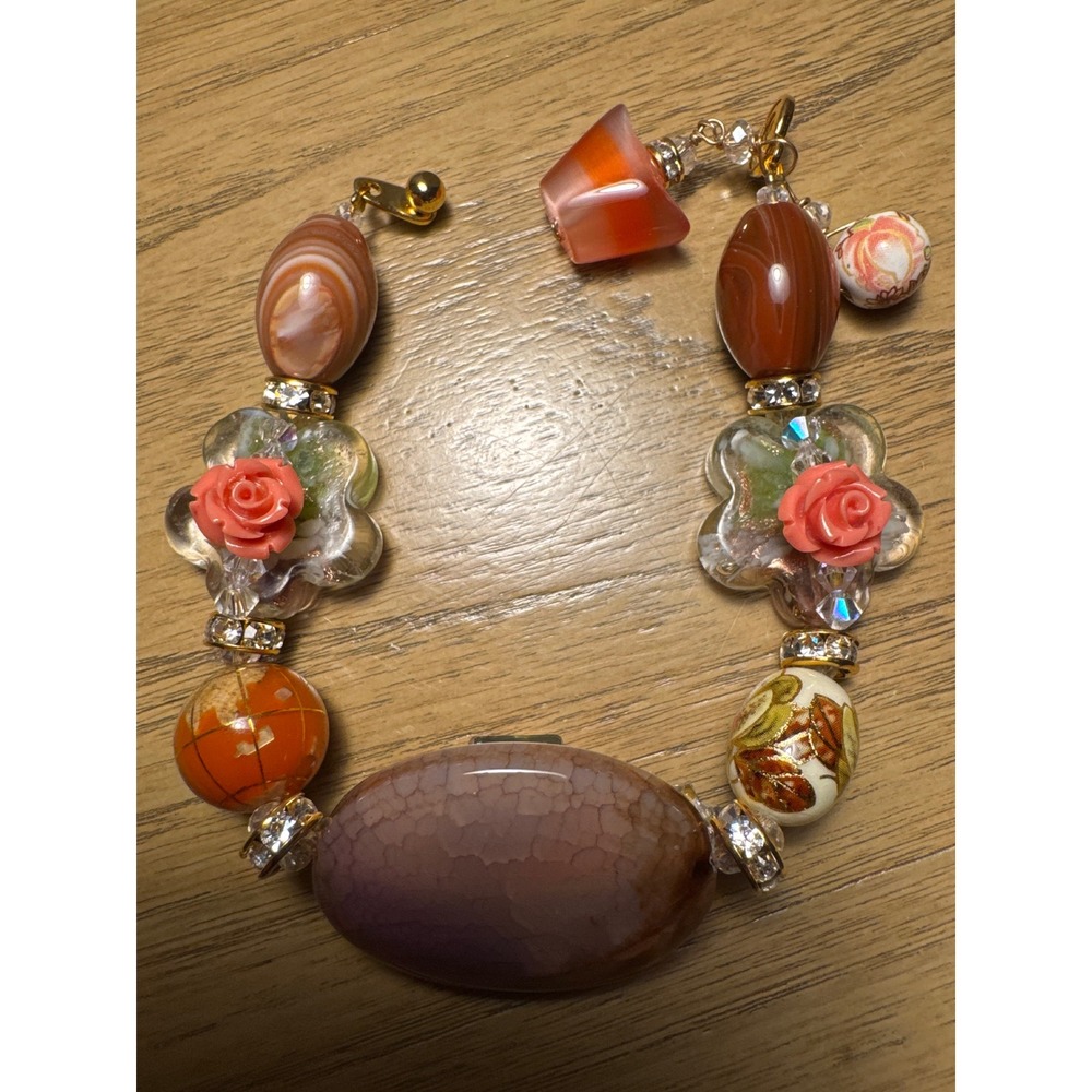 Vintage Style Mixed Stone Glass Bead Bracelet Purple Agate Floral Rose Orange